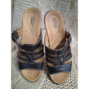 Clarks Collection Black Leather Adjustable Womens Slip-On Sandals Size 8M